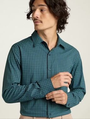 Bonobos Button Down Tech Shirt Slim Fit Long Sleeve Plaid Blue Green L